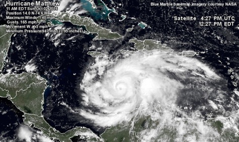 Imagen satelital del huracán Matthew, categoría 4 en la escala Saffir-Simpson